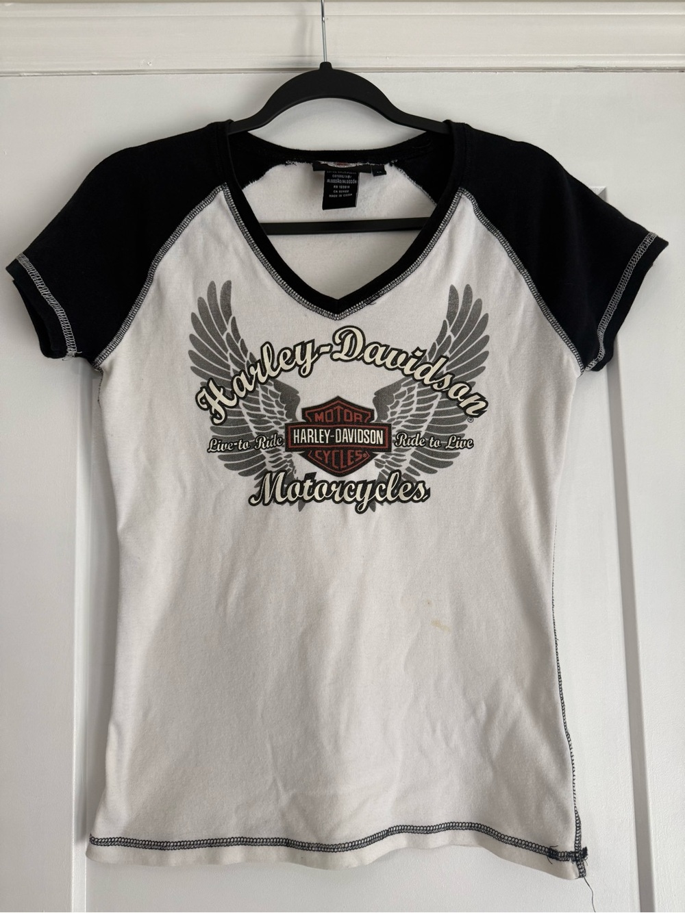 Harley-Davidson Women’s White & Black V-Neck Motorcycle Tee